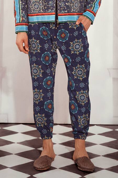 Nikita Mhaisalkar_Blue Silk, Crepe Mosaic Print Joggers _Online_at_Aza_Fashions