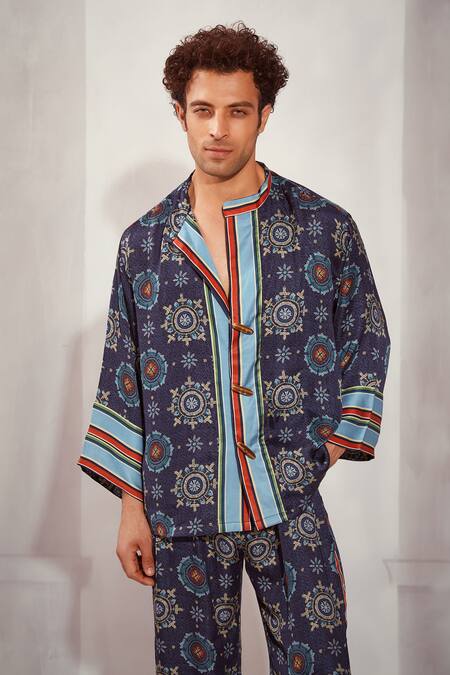 Nikita Mhaisalkar_Blue Silk Satin Mosaic Print Kimono Shirt And Pant Set _Online_at_Aza_Fashions