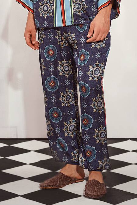 Buy_Nikita Mhaisalkar_Blue Silk Satin Mosaic Print Kimono Shirt And Pant Set _Online_at_Aza_Fashions