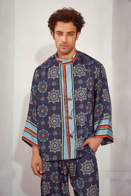 Shop_Nikita Mhaisalkar_Blue Silk Satin Mosaic Print Kimono Shirt And Pant Set _Online_at_Aza_Fashions