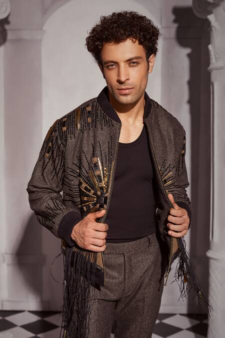 Nikita Mhaisalkar Grey Tweed Embroidery Baroque Bomber Jacket Online at Aza Fashions Nikita Mhaisalkar_Grey Tweed Embroidery Baroque Bomber Jacket _Online_at_Aza_Fashions