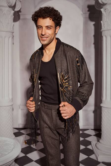 Buy Nikita Mhaisalkar Grey Tweed Embroidery Baroque Bomber Jacket Online at Aza Fashions Buy_Nikita Mhaisalkar_Grey Tweed Embroidery Baroque Bomber Jacket _Online_at_Aza_Fashions