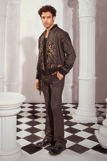 Shop Nikita Mhaisalkar Grey Tweed Embroidery Baroque Bomber Jacket Online at Aza Fashions Shop_Nikita Mhaisalkar_Grey Tweed Embroidery Baroque Bomber Jacket _Online_at_Aza_Fashions