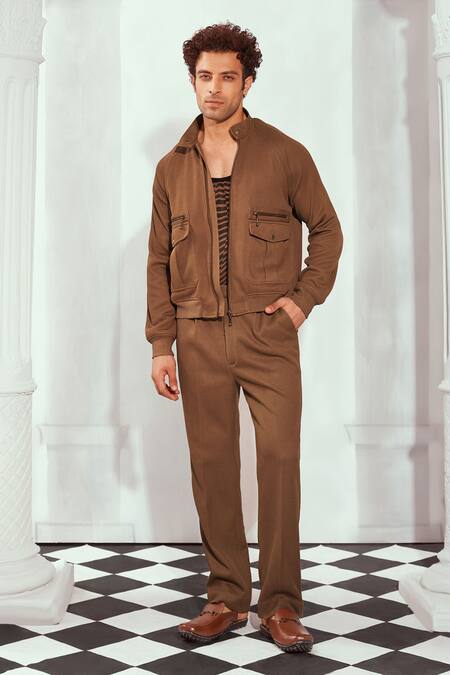 Nikita Mhaisalkar_Brown Cotton Knit Jacket _Online_at_Aza_Fashions