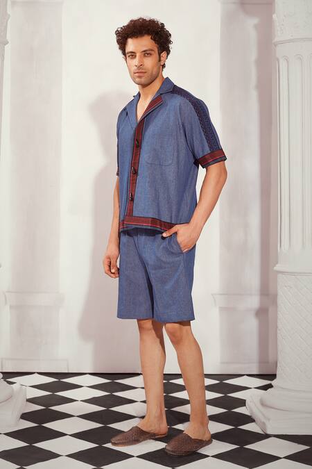 Buy Nikita Mhaisalkar Blue Denim Shirt And Shorts Set Online at Aza Fashions Buy_Nikita Mhaisalkar_Blue Denim Shirt And Shorts Set _Online_at_Aza_Fashions