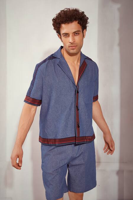 Shop Nikita Mhaisalkar Blue Denim Shirt And Shorts Set Online at Aza Fashions Shop_Nikita Mhaisalkar_Blue Denim Shirt And Shorts Set _Online_at_Aza_Fashions