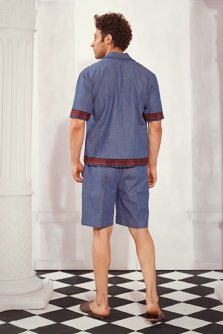 Shop Nikita Mhaisalkar Blue Denim Shirt And Shorts Set at Aza Fashions Shop_Nikita Mhaisalkar_Blue Denim Shirt And Shorts Set _at_Aza_Fashions