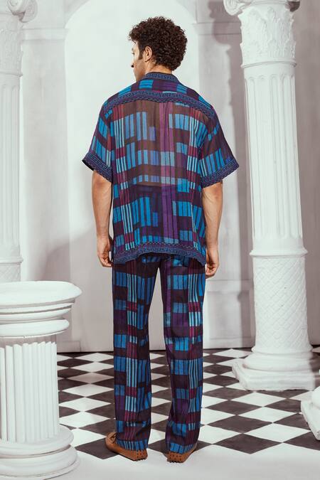 Shop Nikita Mhaisalkar Blue Georgette Tile Printed Casual Shirt at Aza Fashions Shop_Nikita Mhaisalkar_Blue Georgette Tile Printed Casual Shirt _at_Aza_Fashions