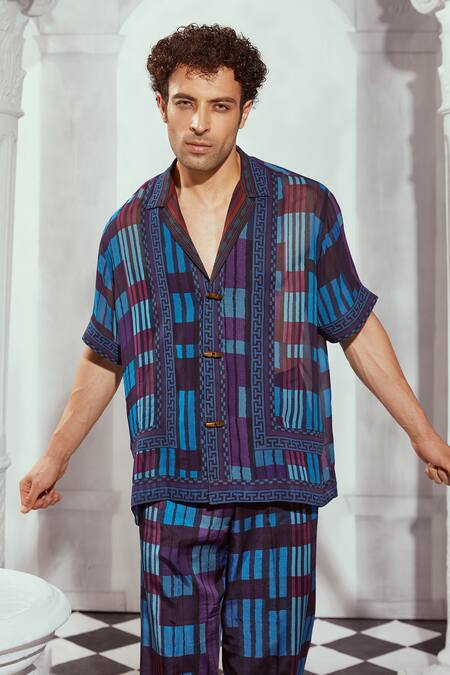 Nikita Mhaisalkar Blue Georgette Tile Printed Casual Shirt Online at Aza Fashions Nikita Mhaisalkar_Blue Georgette Tile Printed Casual Shirt _Online_at_Aza_Fashions