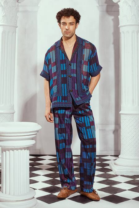 Shop Nikita Mhaisalkar Blue Georgette Tile Printed Casual Shirt Online at Aza Fashions Shop_Nikita Mhaisalkar_Blue Georgette Tile Printed Casual Shirt _Online_at_Aza_Fashions