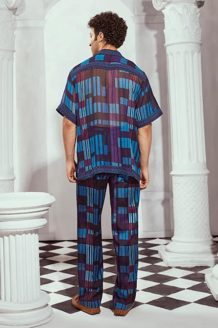 Shop Nikita Mhaisalkar Blue Georgette, Cotton Tile Print Shirt And Pant Set at Aza Fashions Shop_Nikita Mhaisalkar_Blue Georgette, Cotton Tile Print Shirt And Pant Set _at_Aza_Fashions