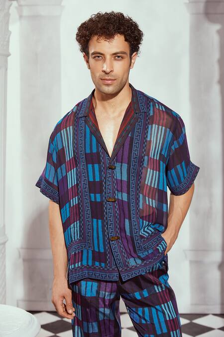 Shop Nikita Mhaisalkar Blue Georgette, Cotton Tile Print Shirt And Pant Set Online at Aza Fashions Shop_Nikita Mhaisalkar_Blue Georgette, Cotton Tile Print Shirt And Pant Set _Online_at_Aza_Fashions