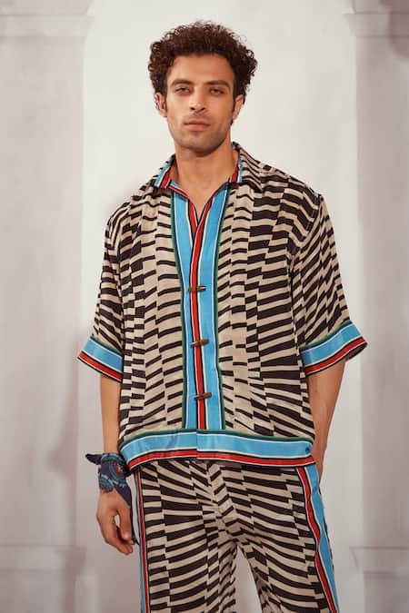 Nikita Mhaisalkar Black Silk, Crepe Embroidery Byzantine Print Shirt And Pant Set Online at Aza Fashions Nikita Mhaisalkar_Black Silk, Crepe Embroidery Byzantine Print Shirt And Pant Set _Online_at_Aza_Fashions