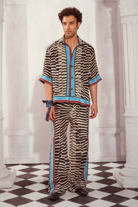 Shop Nikita Mhaisalkar Black Silk, Crepe Embroidery Byzantine Print Shirt And Pant Set Online at Aza Fashions Shop_Nikita Mhaisalkar_Black Silk, Crepe Embroidery Byzantine Print Shirt And Pant Set _Online_at_Aza_Fashions