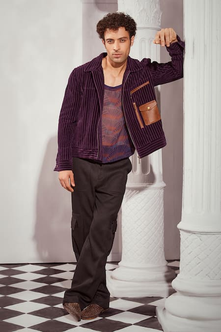 Nikita Mhaisalkar Purple Corduroy Plain Bomber Jacket 