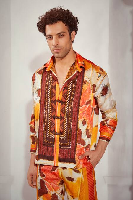Buy_Nikita Mhaisalkar_Multi Color Silk Satin Butterfly Print Shirt And Pant Set _Online_at_Aza_Fashions