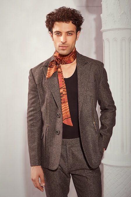 Nikita Mhaisalkar_Grey Tweed Chevron Woven Blazer Set _Online_at_Aza_Fashions