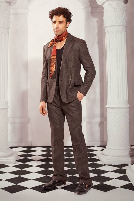 Buy_Nikita Mhaisalkar_Grey Tweed Chevron Woven Blazer Set _Online_at_Aza_Fashions