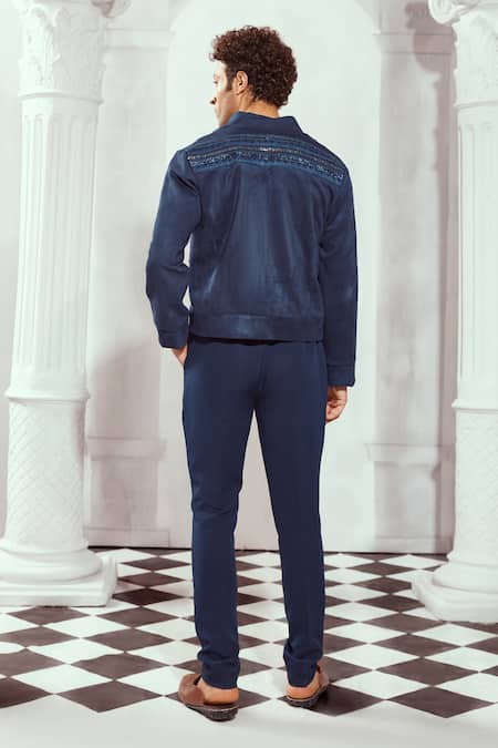 Shop_Nikita Mhaisalkar_Blue Faux Leather Embroidery Byzantine Jacket _at_Aza_Fashions
