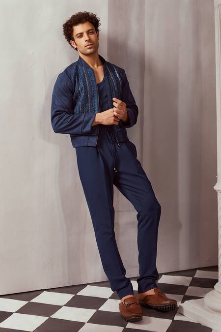 Buy_Nikita Mhaisalkar_Blue Faux Leather Embroidery Byzantine Jacket _Online_at_Aza_Fashions