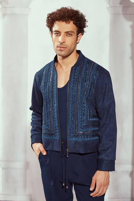 Shop_Nikita Mhaisalkar_Blue Faux Leather Embroidery Byzantine Jacket _Online_at_Aza_Fashions