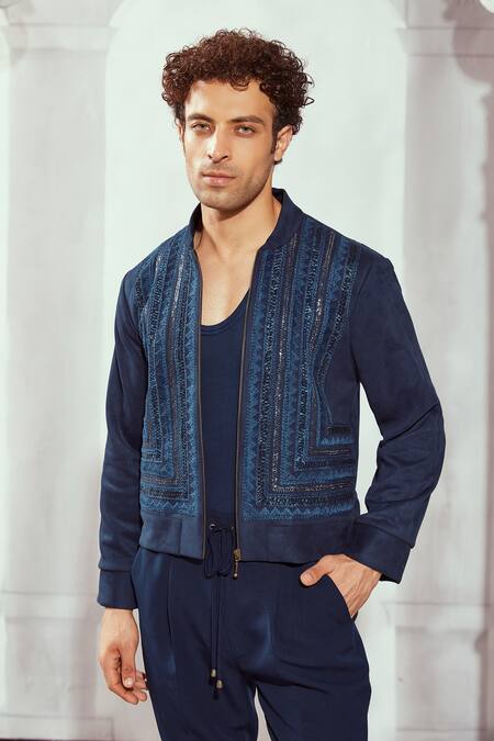 Nikita Mhaisalkar_Blue Faux Leather Embroidery Byzantine Jacket _at_Aza_Fashions