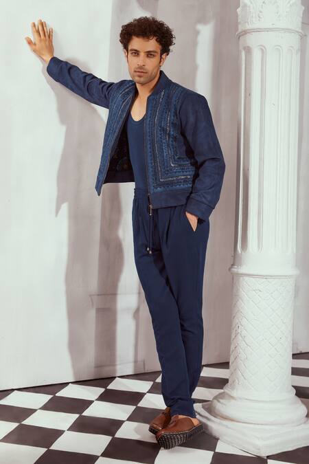 Shop Nikita Mhaisalkar Blue Linen Pleated Trouser Online at Aza Fashions Shop_Nikita Mhaisalkar_Blue Linen Pleated Trouser _Online_at_Aza_Fashions