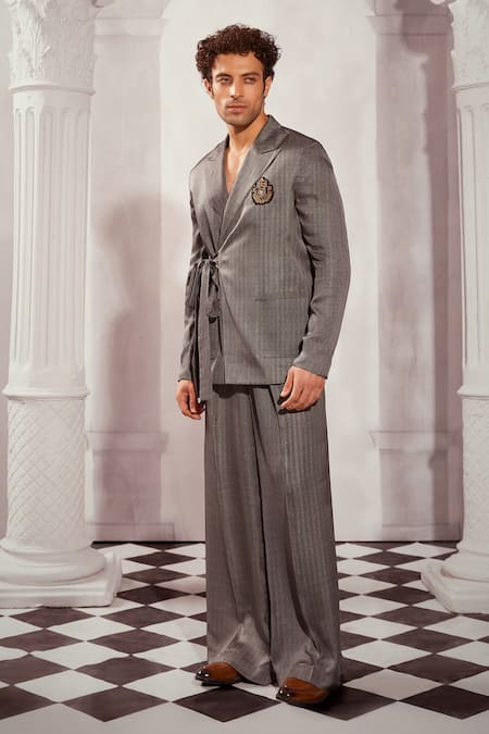 Shop Nikita Mhaisalkar Gray Tweed Embroidery Chevron Woven Grey Blazer And Pant Set Online at Aza Fashions Shop_Nikita Mhaisalkar_Gray Tweed Embroidery Chevron Woven Grey Blazer And Pant Set _Online_at_Aza_Fashions