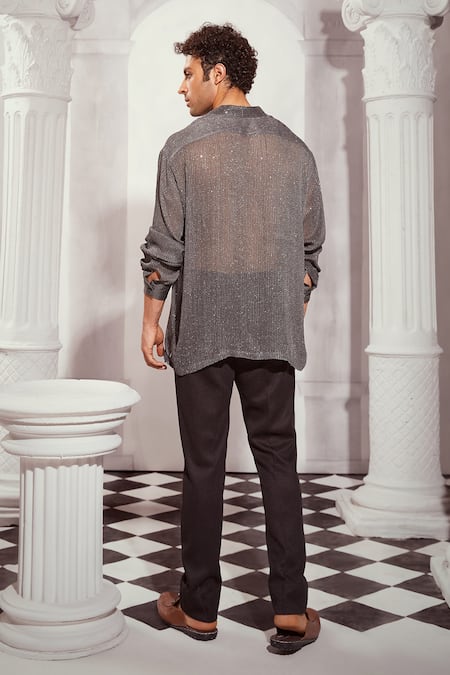 Shop Nikita Mhaisalkar Grey Georgette, Tweed Sequins, Embroidery Shirt at Aza Fashions Shop_Nikita Mhaisalkar_Grey Georgette, Tweed Sequins, Embroidery Shirt _at_Aza_Fashions
