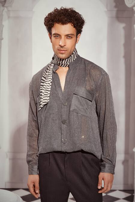 Nikita Mhaisalkar Grey Georgette, Tweed Sequins, Embroidery Shirt Online at Aza Fashions Nikita Mhaisalkar_Grey Georgette, Tweed Sequins, Embroidery Shirt _Online_at_Aza_Fashions