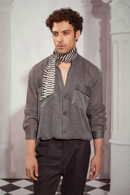 Buy Nikita Mhaisalkar Grey Georgette, Tweed Sequins, Embroidery Shirt Online at Aza Fashions Buy_Nikita Mhaisalkar_Grey Georgette, Tweed Sequins, Embroidery Shirt _Online_at_Aza_Fashions