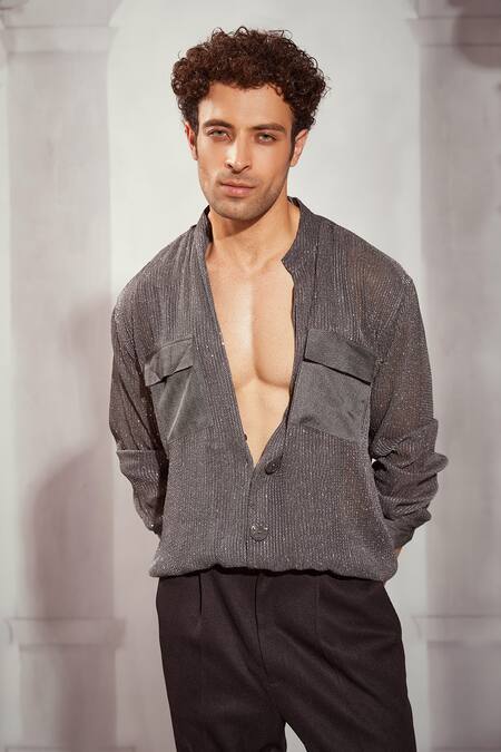 Shop Nikita Mhaisalkar Grey Georgette, Tweed Sequins, Embroidery Shirt Online at Aza Fashions Shop_Nikita Mhaisalkar_Grey Georgette, Tweed Sequins, Embroidery Shirt _Online_at_Aza_Fashions