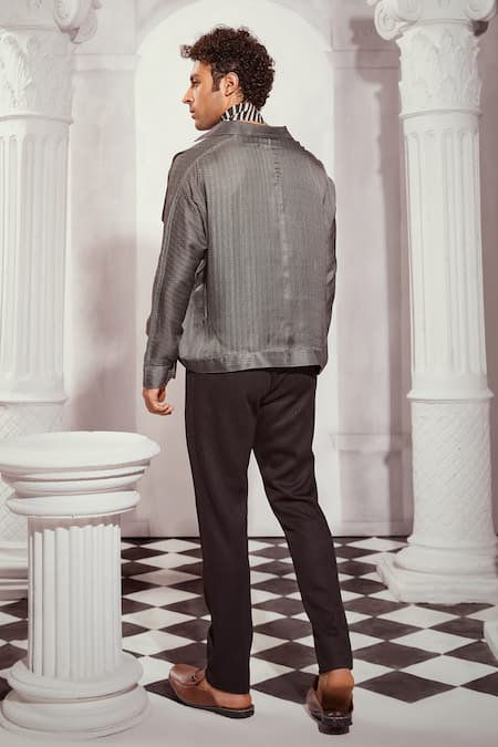 Shop Nikita Mhaisalkar Grey Satin, Tweed Embroidery Bomber Jacket at Aza Fashions Shop_Nikita Mhaisalkar_Grey Satin, Tweed Embroidery Bomber Jacket _at_Aza_Fashions