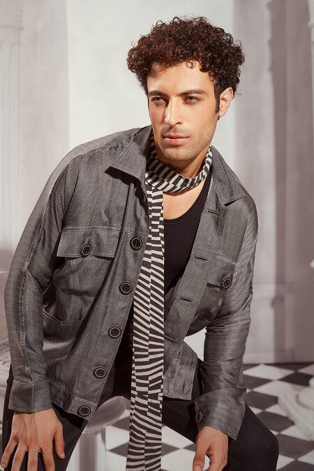 Nikita Mhaisalkar Grey Satin, Tweed Embroidery Bomber Jacket Online at Aza Fashions Nikita Mhaisalkar_Grey Satin, Tweed Embroidery Bomber Jacket _Online_at_Aza_Fashions