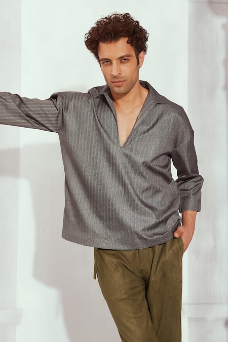 Nikita Mhaisalkar Grey Tweed Woven Chevron Satin Cropped Shirt 