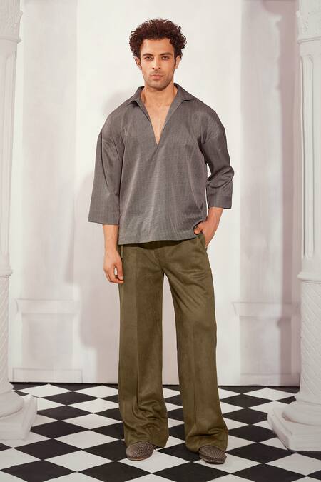 Nikita Mhaisalkar_Grey Satin, Tweed Cropped Shirt _Online_at_Aza_Fashions