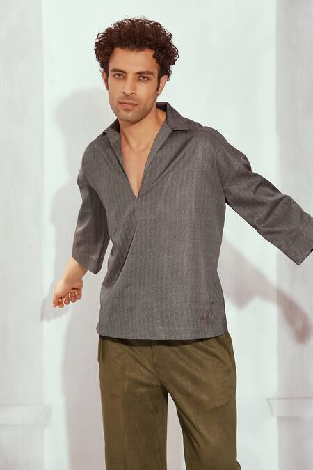Buy_Nikita Mhaisalkar_Grey Satin, Tweed Cropped Shirt _Online_at_Aza_Fashions