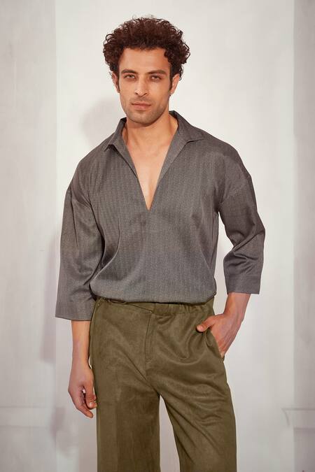 Shop_Nikita Mhaisalkar_Grey Satin, Tweed Cropped Shirt _Online_at_Aza_Fashions