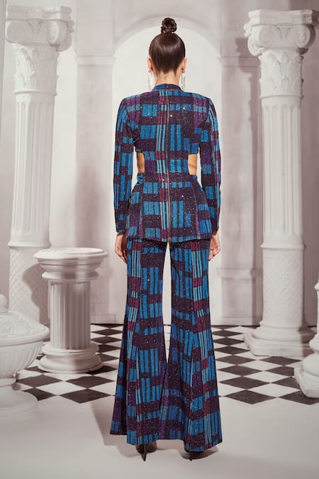 Shop Nikita Mhaisalkar Blue Georgette Sequins Tile Print Cut-out Blazer With Pant at Aza Fashions Shop_Nikita Mhaisalkar_Blue Georgette Sequins Tile Print Cut-out Blazer With Pant _at_Aza_Fashions