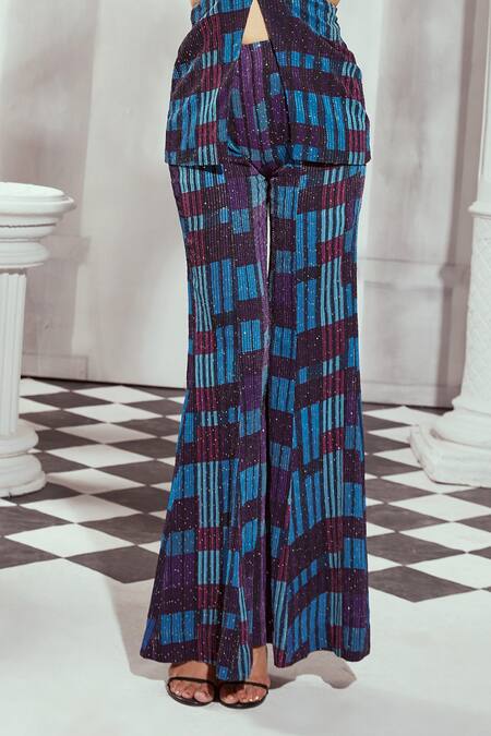 Nikita Mhaisalkar Blue Georgette Sequins Tile Print Cut-out Blazer With Pant Online at Aza Fashions Nikita Mhaisalkar_Blue Georgette Sequins Tile Print Cut-out Blazer With Pant _Online_at_Aza_Fashions