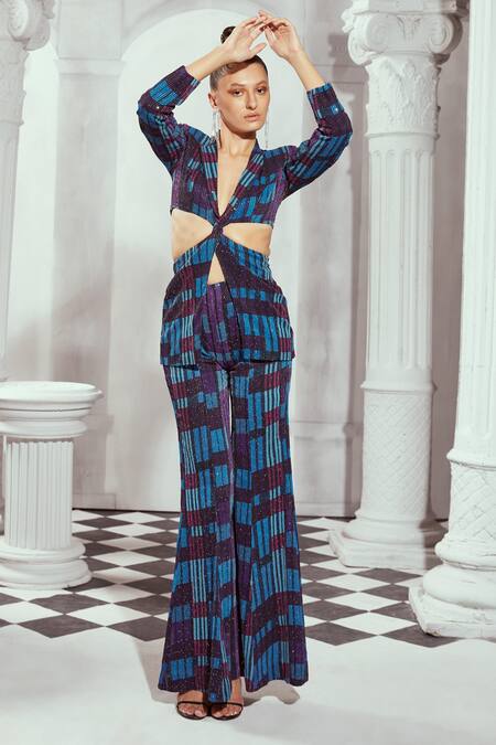 Buy Nikita Mhaisalkar Blue Georgette Sequins Tile Print Cut-out Blazer With Pant Online at Aza Fashions Buy_Nikita Mhaisalkar_Blue Georgette Sequins Tile Print Cut-out Blazer With Pant _Online_at_Aza_Fashions