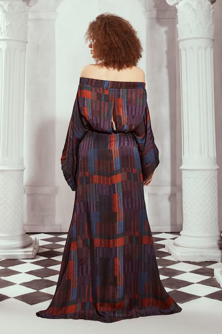 Shop Nikita Mhaisalkar Multi Color Silk Satin Off-shoulder Tile Print Off Dress at Aza Fashions Shop_Nikita Mhaisalkar_Multi Color Silk Satin Off-shoulder Tile Print Off Dress _at_Aza_Fashions
