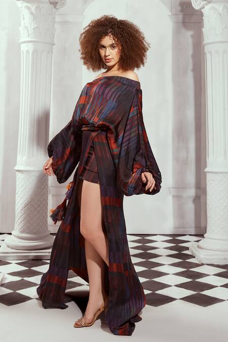 Buy Nikita Mhaisalkar Multi Color Silk Satin Off-shoulder Tile Print Off Dress Online at Aza Fashions Buy_Nikita Mhaisalkar_Multi Color Silk Satin Off-shoulder Tile Print Off Dress _Online_at_Aza_Fashions