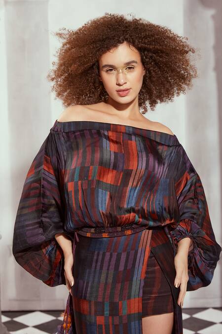 Shop Nikita Mhaisalkar Multi Color Silk Satin Off-shoulder Tile Print Off Dress Online at Aza Fashions Shop_Nikita Mhaisalkar_Multi Color Silk Satin Off-shoulder Tile Print Off Dress _Online_at_Aza_Fashions