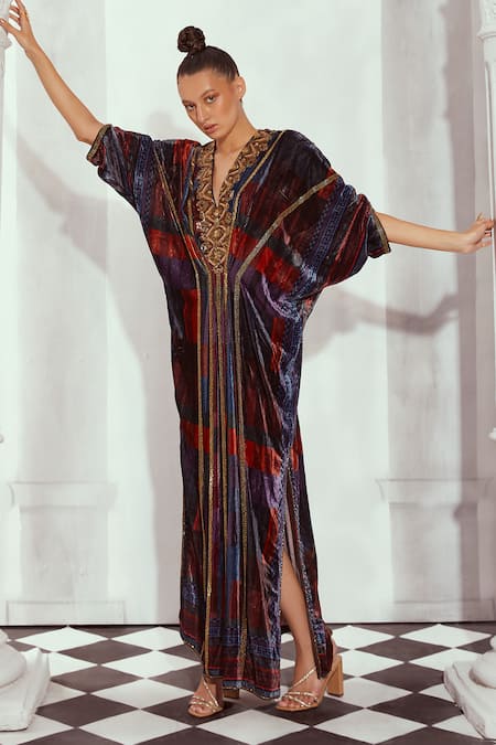 Nikita Mhaisalkar Multi Color Silk Velvet Printed Tile V-neck Kaftan 