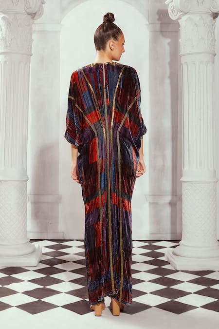 Shop_Nikita Mhaisalkar_Multi Color Silk, Velvet Embroidery V-neck Tile Print Kaftan _at_Aza_Fashions