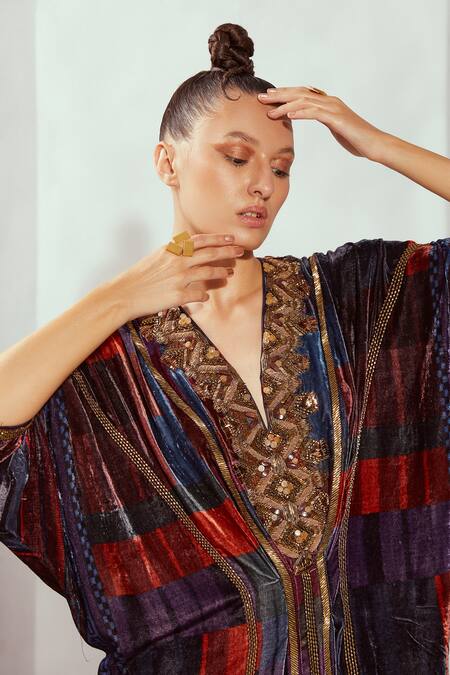 Nikita Mhaisalkar_Multi Color Silk, Velvet Embroidery V-neck Tile Print Kaftan _Online_at_Aza_Fashions