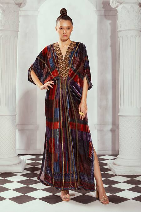 Buy_Nikita Mhaisalkar_Multi Color Silk, Velvet Embroidery V-neck Tile Print Kaftan _Online_at_Aza_Fashions