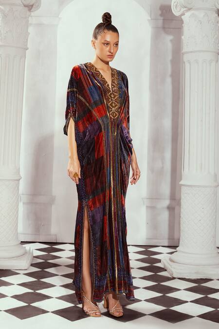Shop_Nikita Mhaisalkar_Multi Color Silk, Velvet Embroidery V-neck Tile Print Kaftan _Online_at_Aza_Fashions