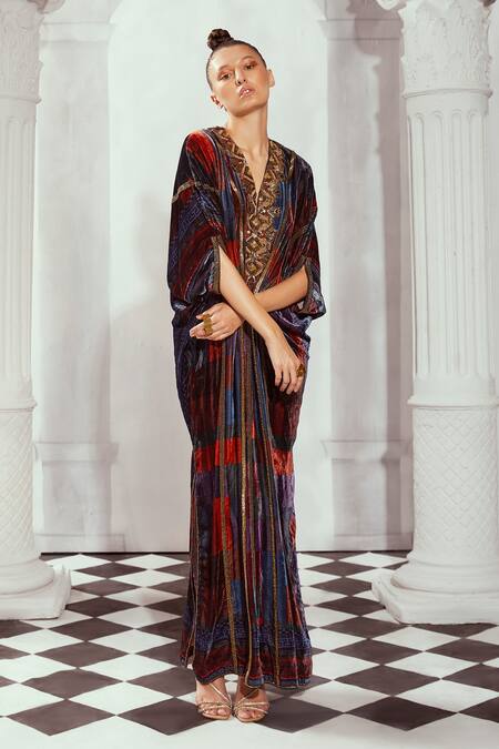 Nikita Mhaisalkar_Multi Color Silk, Velvet Embroidery V-neck Tile Print Kaftan _at_Aza_Fashions